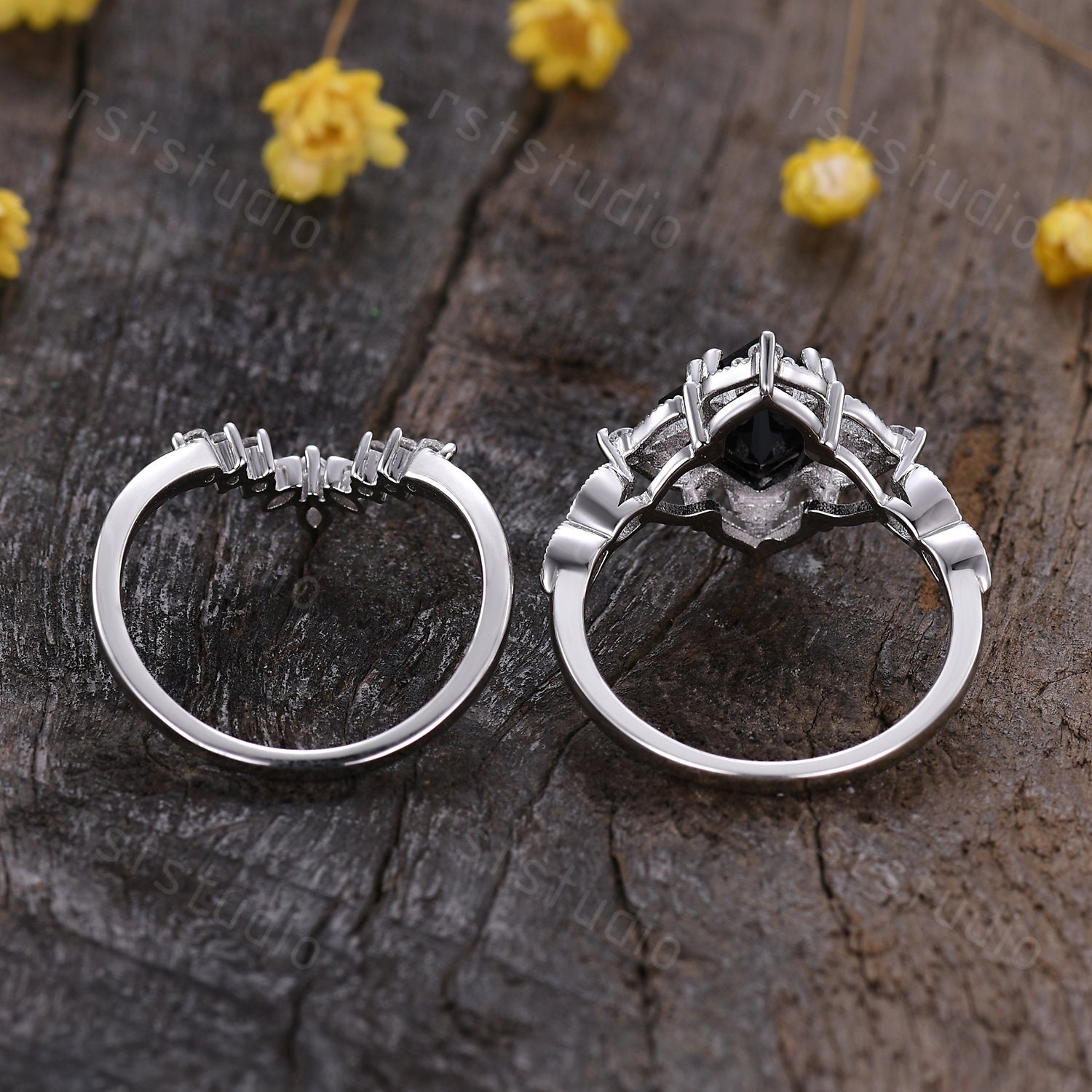 Vintage Princess Cut Black Onyx Engagement Ring Set,unique