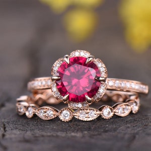 1.5ct Red Ruby Engagement Ring Set 14K Yellow Gold Vintage Ruby Ring Antique Floral Diamond Matching Band Birthstone Ring Anniversary Gifts