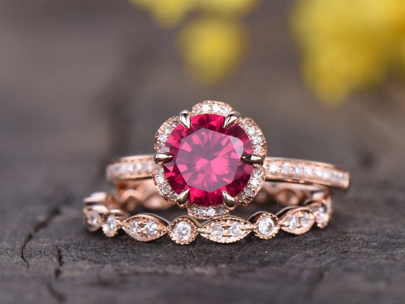 1.25 Carat Princess cut Ruby and Moissanite Diamond Engagement Bridal –  agemz