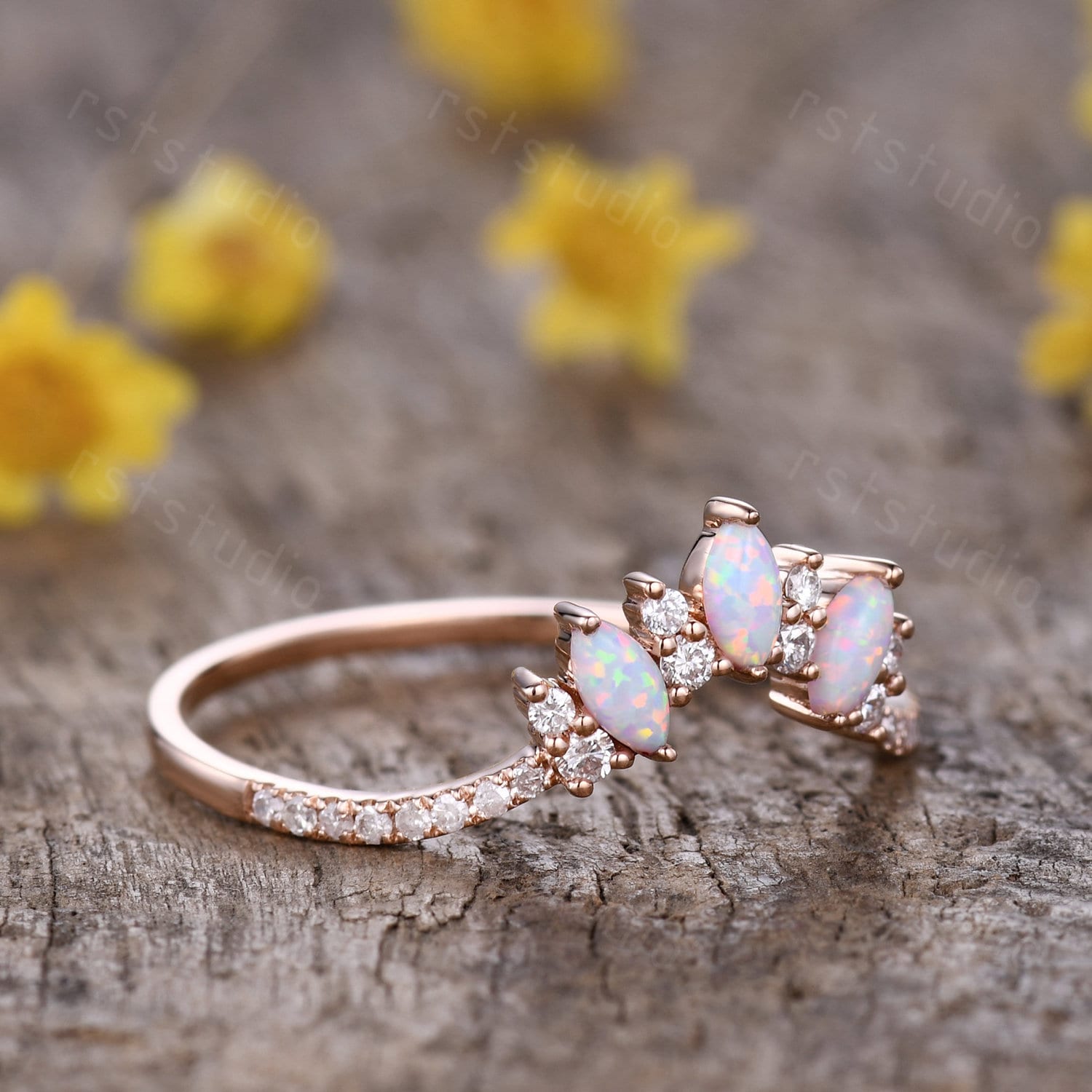 Marquise Opal Wedding Ring Opal Diamond Wedding Band stackable V