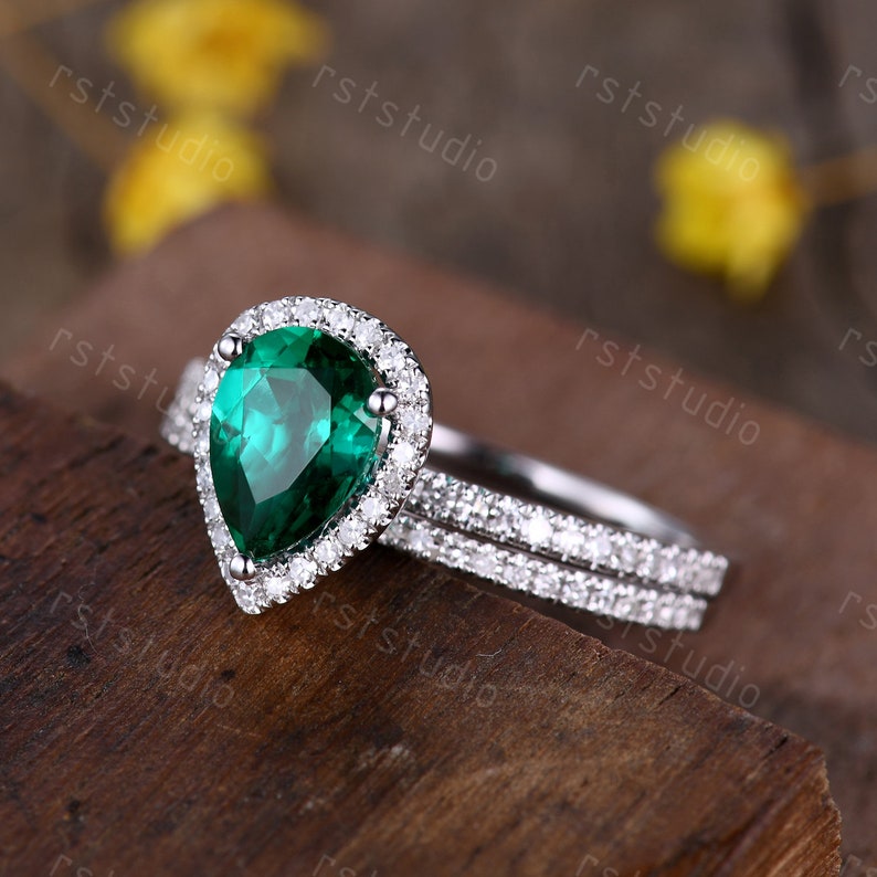 1.3ct Emerald Engagement Ring Teardrop Emerald Ring Diamond Wedding Band Pear Shape Bridal Wedding Set Dainty Ring Birthstone Ring image 7