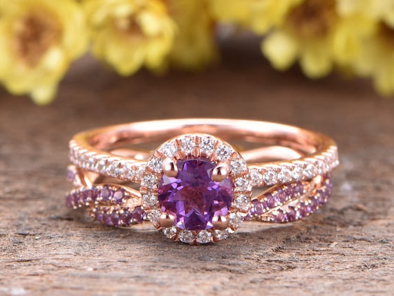5mm Amethyst Engagement Ring Set 14K Rose Gold Twisted Infinity Diamond  Wedding Band Amethyst Ring Birthstone Gifts Bridal Ring Set