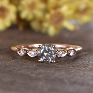 Salt and Pepper Diamond Engagement Ring 5mm Grey Gemstone wedding ring,art deco 14K rose gold ring Promise Ring Diamond Ring