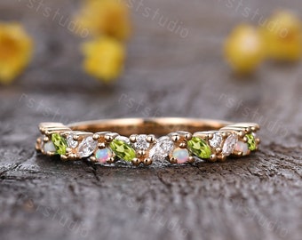 Marquise peridot real diamond wedding band solid gold peridot  white opal band bridal ring anniversary ring birthstone gift silver ring