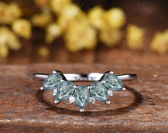 Anillo de boda vintage de ágata musgosa, anillo apilable curvo, oro rosa de 14 quilates, moissanita talla pera.