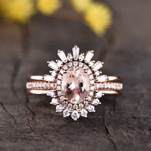 14k rose gold Morganite bridal set,morganite engagement ring rose gold,Baguette cut diamond band,stacking rings,natural morganite jewelry