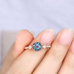 Vintage Alexandrite Engagement 14K Rose Gold Ring ,Alexandrite Diamond Wedding Ring June Birthstone Ring Promise Ring Color Change Gemstone