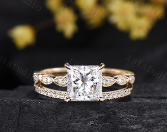 2CT Princess Cut Lab Diamond Engagement Ring Set: 14k Yellow Gold Art Deco Milgrain Marquise Bridal Wedding Ring Set Diamond Bridal Jewelry