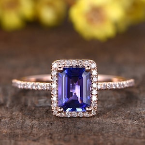 1.0ct Tanzanite Engagement Ring Rose Gold Emerald Cut Natural Tanzanite Ring Blue Gemstone Ring Diamond Wedding Band 14K Tanzanite Jewelry