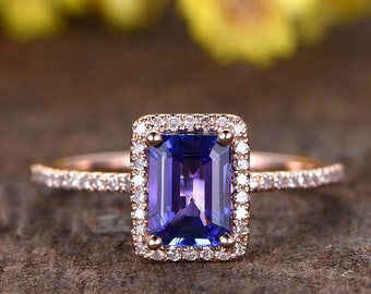 Emerald Cut Tanzanite Ring, Rose Gold Diamond Halo, 14K Engagement Ring