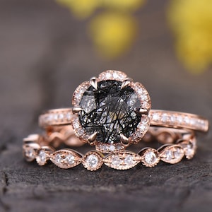 Black Rutilated Quartz bridal set,Black Gemstone Engagement ring,vintage flower diamond halo ring,antique women anniversary bridal jewelry