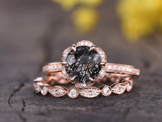 Set da sposa in quarzo rutilato nero anello di fidanzamento in