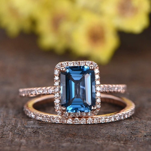 London Blue Topaz Engagement Ring Set Rose Gold Bridal Set - Etsy