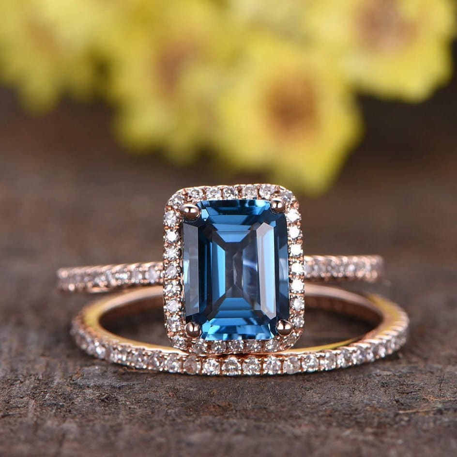 6x8mm London Blue Topaz Engagement Ring Set Rose Gold Diamond Etsy