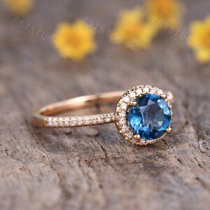 6.5mm London Blue Topaz Engagement Ring Halo Diamond Wedding Band 14K ...