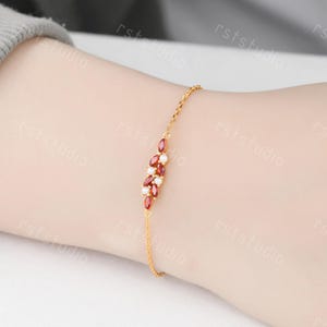 Vintage Garnet Pearl Bracelet,Cluster Marquise Red Garnet Charm Bracelet,Birthstone Bridal Anniversary Chain Gift for Women 14k Solid Gold