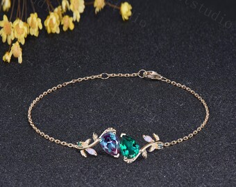 Toi et Moi Pear Shaped Alexandrite Emerald Adjustable Bracelet Branch Nature Inspired Marquise Opal Leaf Twig Chain Bracelet for Women
