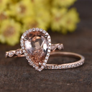 Morganite engagement ring set rose gold Marquise band tear drop ring real diamond band natural morganite ring jewelry anniversary ring