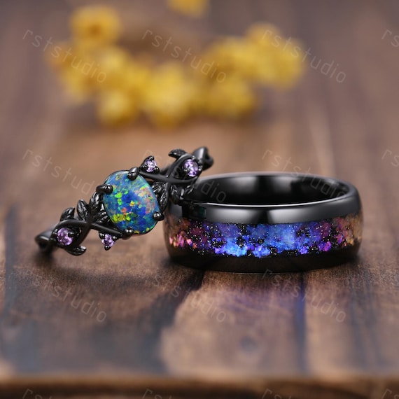 Gothic Oval Black Opal Bridal Ring Set: Tungsten Amethyst Wedding