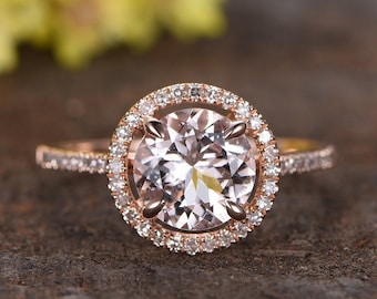 Morganite Engagement Ring, Rose Gold Diamond Halo, Peachy Gemstone
