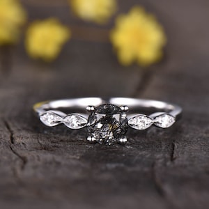 Black Rutilated Quartz Engagement Ring,Art Deco Diamond Wedding Band,Antique Bridal Jewelry Black Quartz Rings For Women Anniversary Gifts