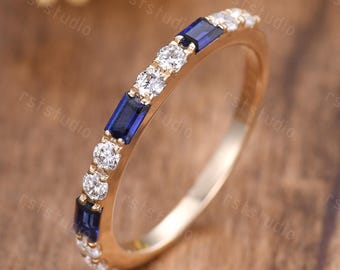 Art Deco Baguette Sapphire Diamond Ring: 14K Yellow Gold Stacking Band