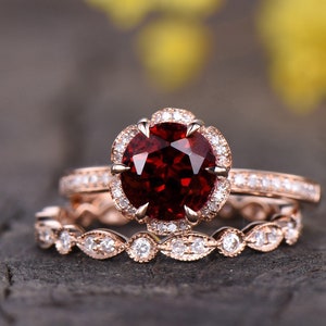 2pcs Garnet bridal set,Garnet engagement ring set,Antique Vintage garnet wedding ring,art deco wedding band,14k rose gold birthstone ring