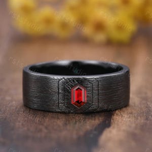 Mens Gothic Hexagon Red Garnet Wedding Ring Black Gold Ring Brush Stacking Matching Wedding Band Unique Promise Anniversary Gift For Him