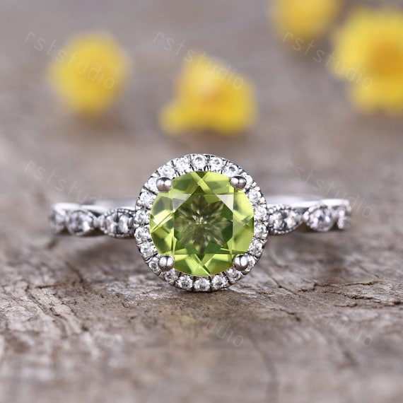 Vintage Peridot Ring Peridot Engagement Ring Art Deco Wedding Ring