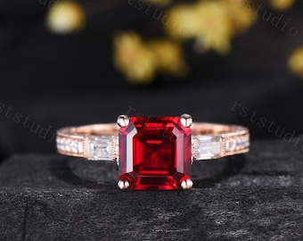 Unqiue Asscher Cut Ruby Engagement Ring: Rose Gold Filigree Hidden Halo Diamond Band