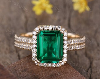 Emerald Engagement Ring Gold Vintage Emerald Ring 4MM Diamond Band Emerald Cut Gemstone May Birthstone Rings Promise Ring Anniversary Gifts