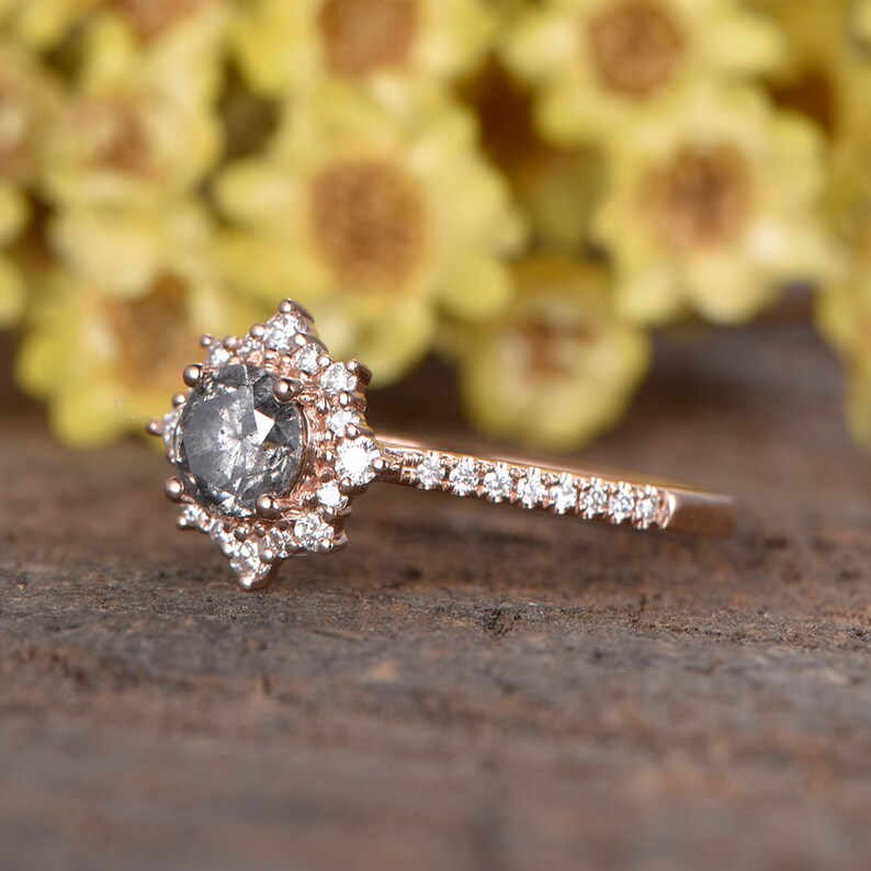 Salt and Pepper Diamond Engagement Ring Unique Floral Ring Etsy