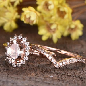 2pcs Morganite engagement ring set 14K rose gold,diamond ring floral HALO,curved band half eternity wedding ring set Morganite Jewelry Set image 2