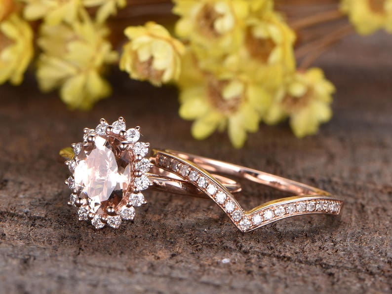 2pcs Morganite engagement ring set 14K rose gold,diamond ring floral HALO,curved band half eternity wedding ring set Morganite Jewelry Set image 2