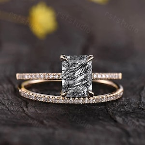 2pcs Black Rutilated Quartz Engagement Ring Set,Antique Black stone wedding ring set,vintage ring,solitaire black gemstone ring 14k gold
