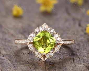 Vintage Peridot Ring Peridot Engagement Ring Yellow Gold Diamond Wedding Ring Cushion Cut Gemstone Antique Peridot Jewelry Silver