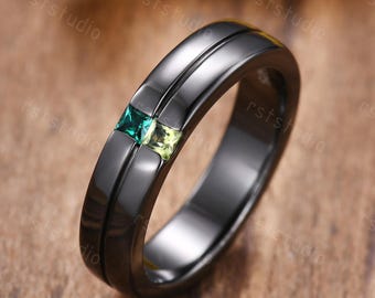 Anillo gótico de oro negro: banda de peridoto esmeralda con piedra de nacimiento de talla princesa
