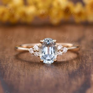 Oval Aquamarine Engagement Ring Vintage Unique Solid Gold Promise Ring For Women Cluster Diamond Wedding Ring Bridal Gift March Birthstone