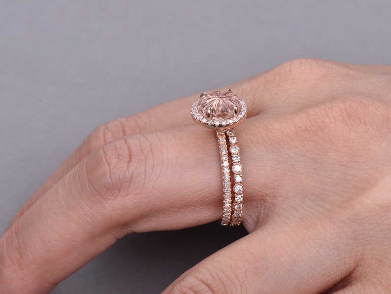 Unique Morganite Engagement Ring Vintage Morganite Gemstone Ring Diamond Wedding Band 14K Rose Gold Morganite Ring Anniversary Gifts image 6