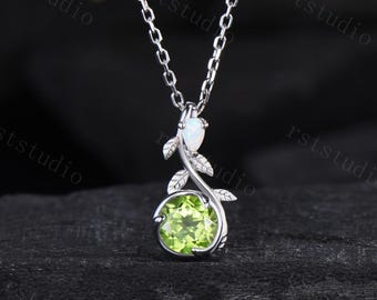 Vintage Round Cut Natural Peridot Pendant Necklace Nature Inspired Peridot Opal Leaf Branch Twig Necklace August Birthstone Wedding Gift