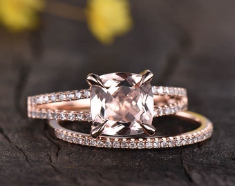Anillo de compromiso de morganita: alianza de boda con diamantes en oro rosa de 14 k