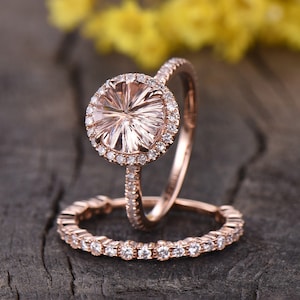 Unique Morganite Engagement Ring Vintage Morganite Gemstone Ring Diamond Wedding Band 14K Rose Gold Morganite Ring  Anniversary Gifts