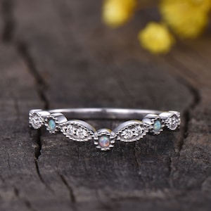 Opal Weddding Ring Art Deco Diamond Curved Wedding Band Antique Vintage Bridal Stacking Ring Matching Band 14K White Gold