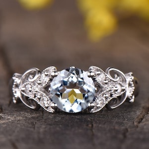 Anillo de compromiso de aguamarina único Art Deco 14K Oro blanco Joyería de aguamarina azul Anillo de piedra de nacimiento Anillo de piedra preciosa azul Anillo de aguamarina vintage