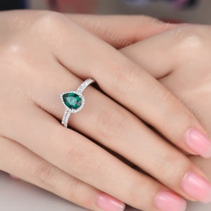 1.3ct Emerald Engagement Ring Teardrop Emerald Ring Diamond Wedding Band Pear Shape Bridal Wedding Set Dainty Ring Birthstone Ring image 2