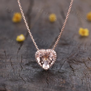 Vintage 10mm heart shaped morganite necklace natural pink morganite pendant,18K Rose gold,Halo diamond necklace promise anniversary gifts