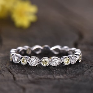 Yellow Diamond Wedding Band,3/4 eternity ring,art deco wedding band,pear shaped and rounds,milgrain stacking ring,14K white gold Gifts