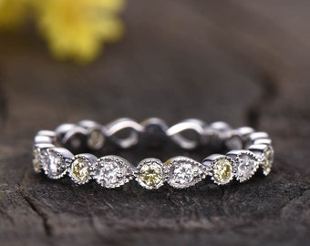 Yellow Diamond Wedding Band,3/4 eternity ring,art deco wedding band,pear shaped and rounds,milgrain stacking ring,14K white gold Gifts