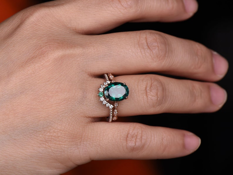 Oval Cut Emerald Engagement Ring Set Rose Gold Vintage Emerald Etsy