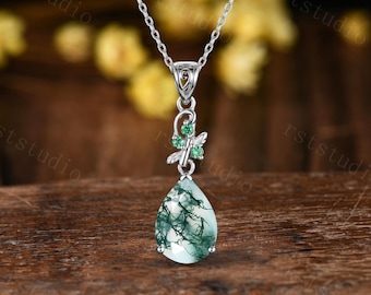 Collar con colgante de ágata musgosa talla pera, detalles de esmeralda inspirados en la naturaleza, oro de 10k-18k